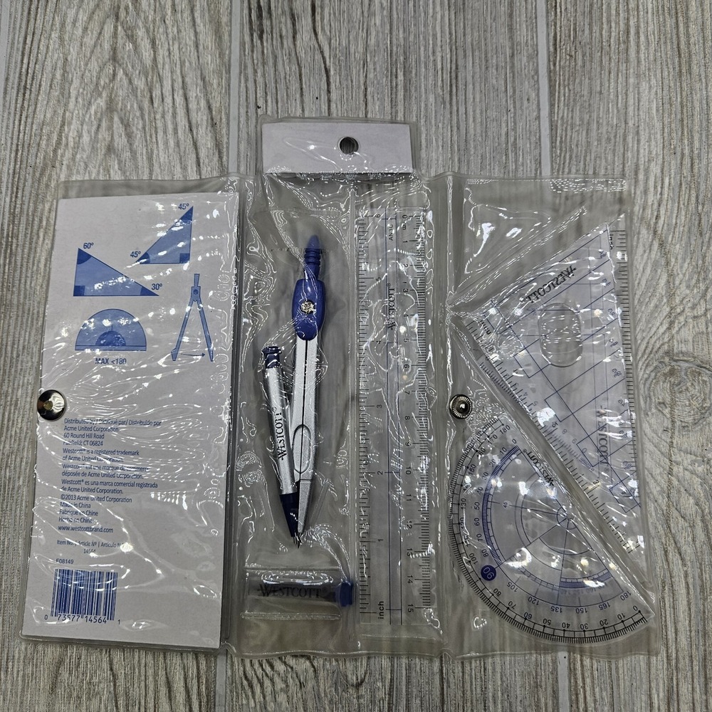 Westcott 14564 Geometry Set Kit Compass Protractor Triangles Ruler Storage Pouch - Picture 7 of 8